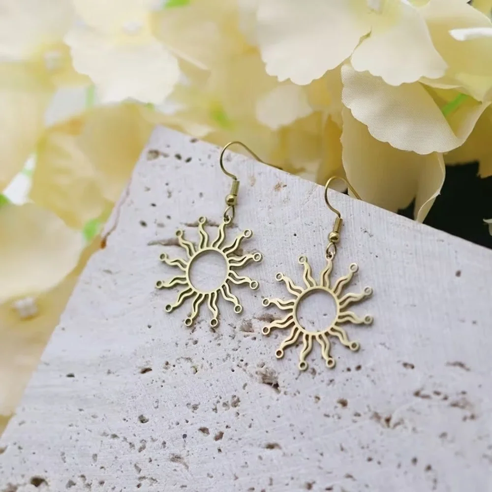 Gold Sunburst Drop Earrings 304 Stainless Steel Celestial Sun Dangle Boho Womens